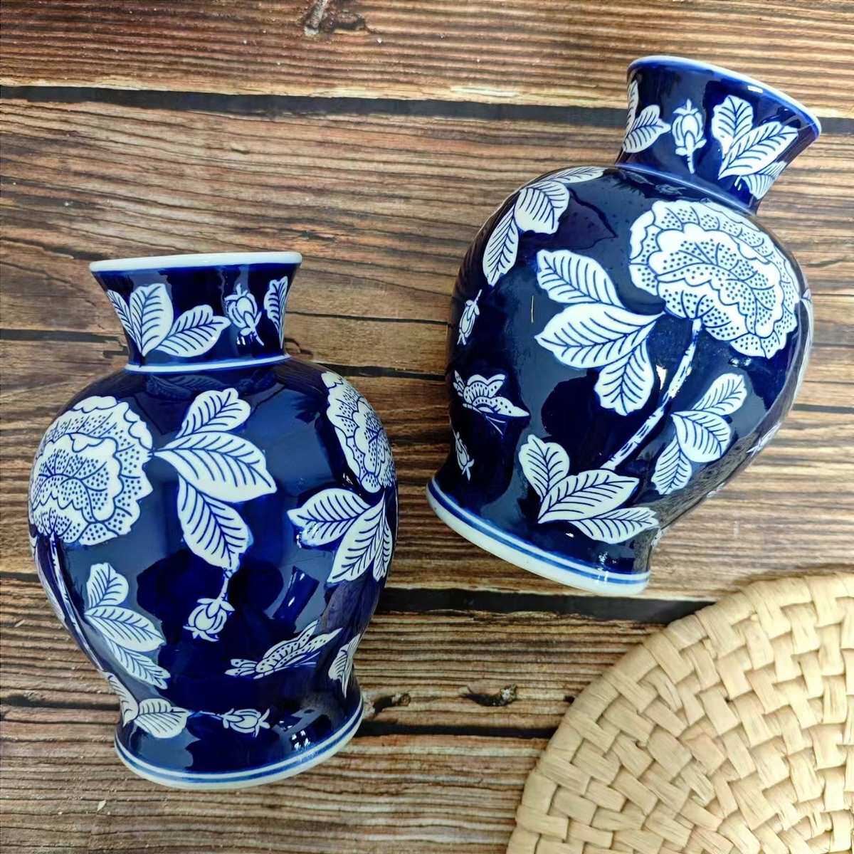 手绘青花批发花插纯摆件新中式陶艺瓶桌面花瓶青花瓷插花家居陶瓷