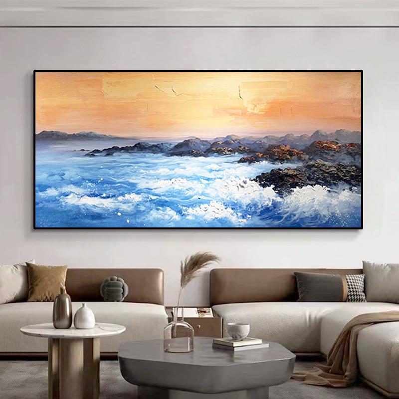 沙发背景墙手绘油画客厅风景装饰画卧室肌理海浪丙烯挂画横版图片