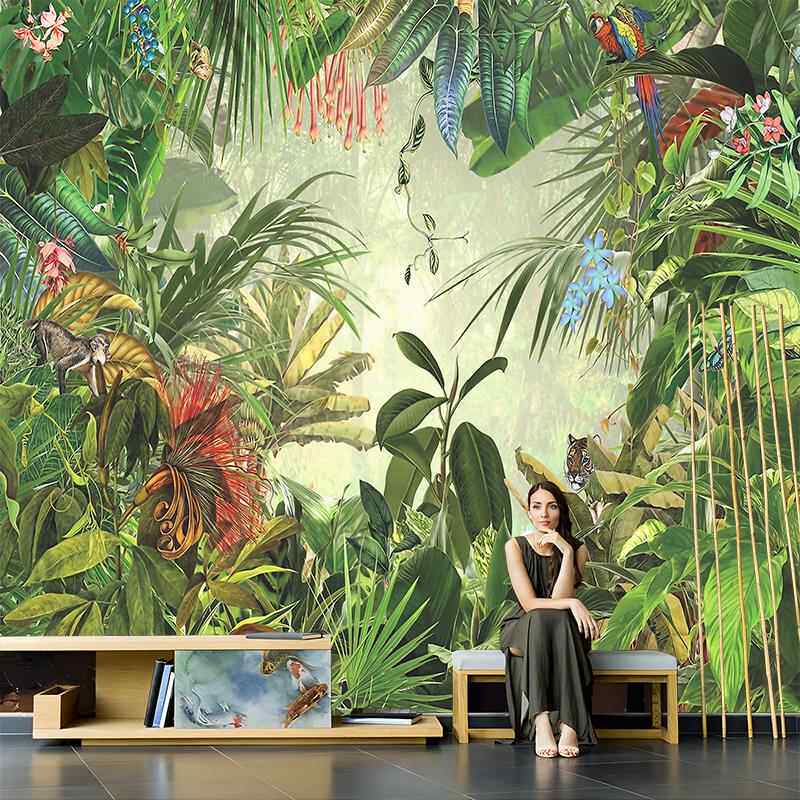 美式植物田园风壁纸覆古电视背景墙壁纸芭蕉树墙布酒店欧式床头壁