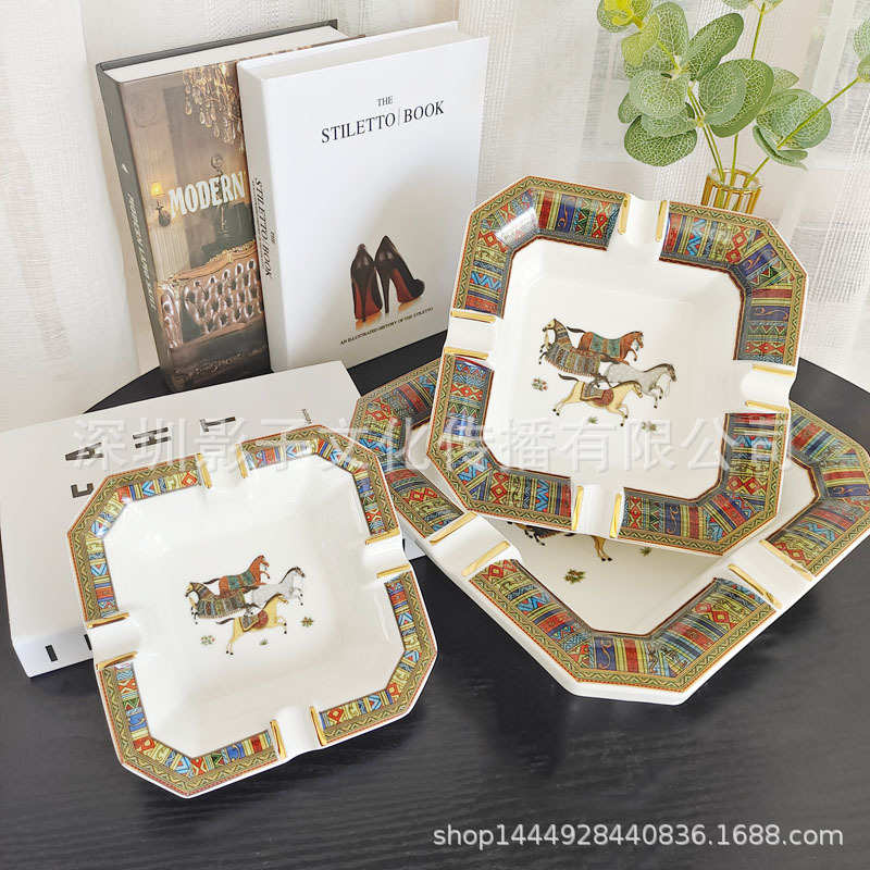 欧式复古八角陶瓷马图烟灰缸时尚创意客厅装饰摆件烟灰缸礼品图片