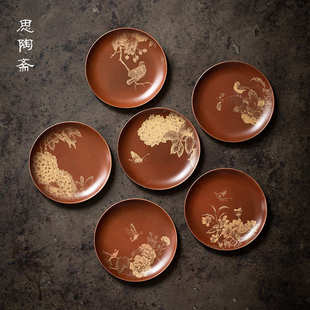 手工紫铜茶杯垫杯托纯铜功夫家用隔热功夫茶具 铜彩烧圆形杯垫