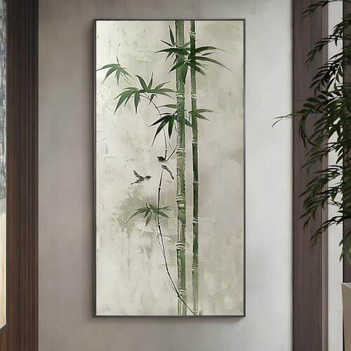 纯手绘油画竹子客厅茶室装饰画家居玄关新中式艺术画落地摆件花鸟