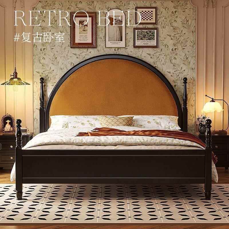 古法式实木床黑色主卧双人床式现代简约软包美床复欧式QKW中古风