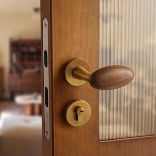 烁盾中古风黑胡桃木卧室门锁新中式复古室内家用磁吸静音木门把手