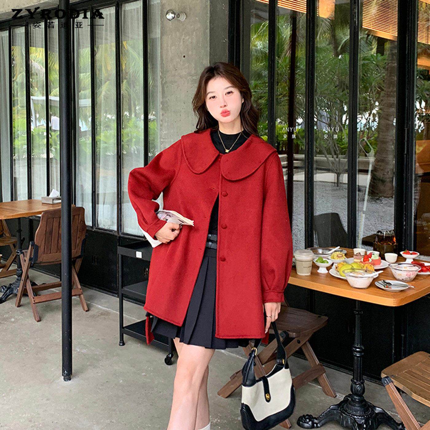 ZYRODIA红色收腰显瘦高端双面羊绒外套女冬新款短款小个子娃娃领