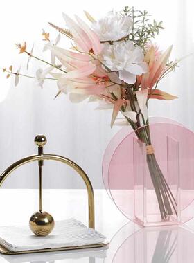 北欧简约高级感透明粉色玻璃花瓶干花花器客厅玄关样板间饰品摆件