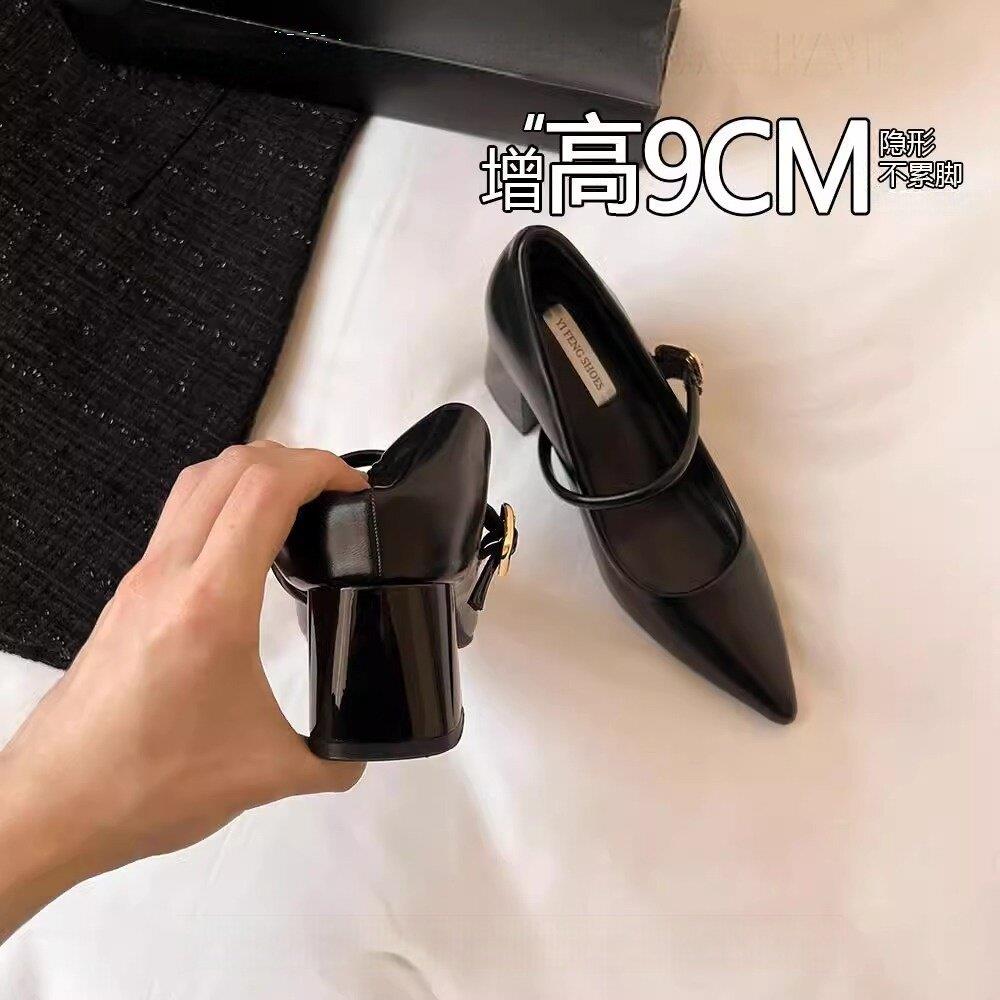 香港真皮内增高尖头玛丽珍鞋女2025春季新爆款浅口粗跟单鞋高跟鞋