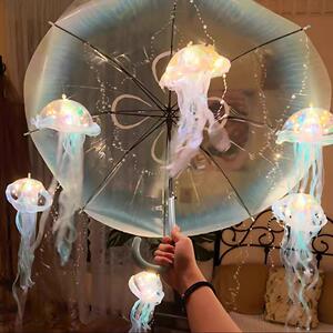梦幻发光蓝色水母伞手工diy材料包透明雨伞水母灯氛围感拍照神器.
