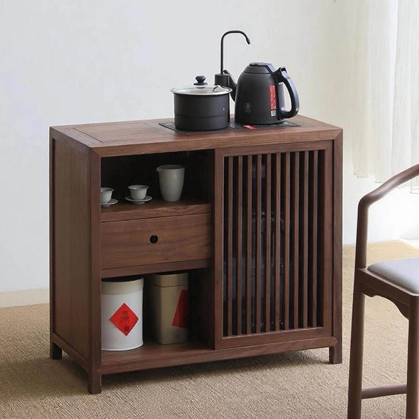 中式茶水柜烧水壶一体榆木茶水台收纳柜侧边茶柜客厅家用实木茶桌