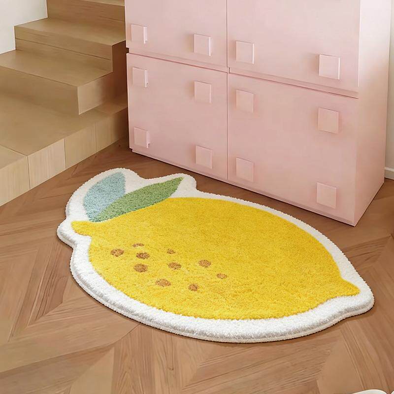跨境黄色柠檬植绒簇绒地毯儿童房浴室卫生间加厚吸水地垫防滑脚垫
