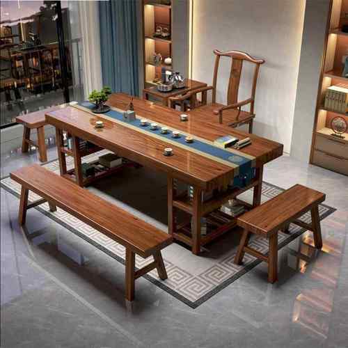 中式实木板茶台公司家用公功大夫全WQO套储物原木办茶桌套装