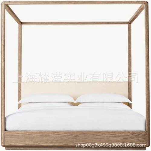 RH美式实木橡木大床法式复古轻奢四柱床北欧架子床立柱蚊帐纱幔床
