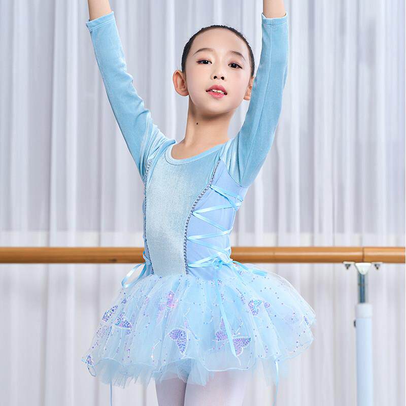 舞越长袖舞蹈服蓬蓬纱裙演出服丝绒春秋跳舞衣小孩芭蕾舞蹈连体裙