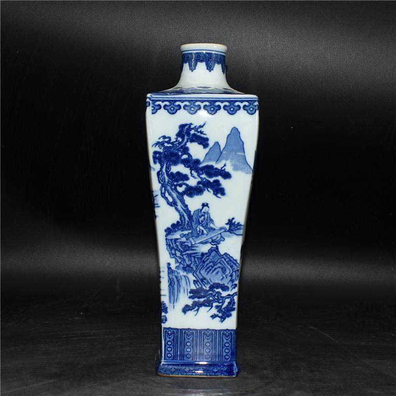 清乾隆青花人物四方花瓶仿古瓷器古风景德镇陶瓷高档客厅复古摆件