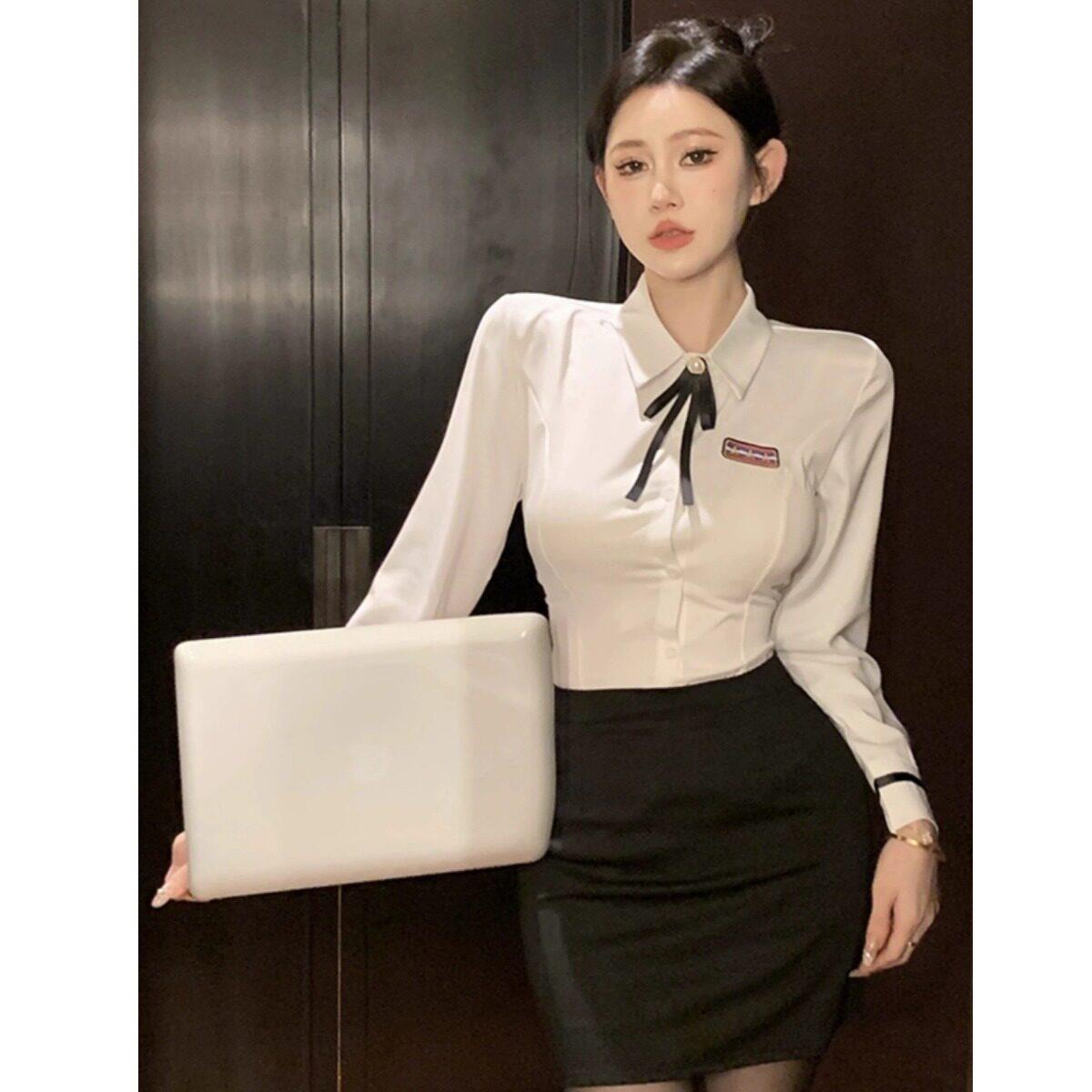 收腰白衬衫职业装女酒店前台工作服制服显瘦衬衣包臀裙两件套图片