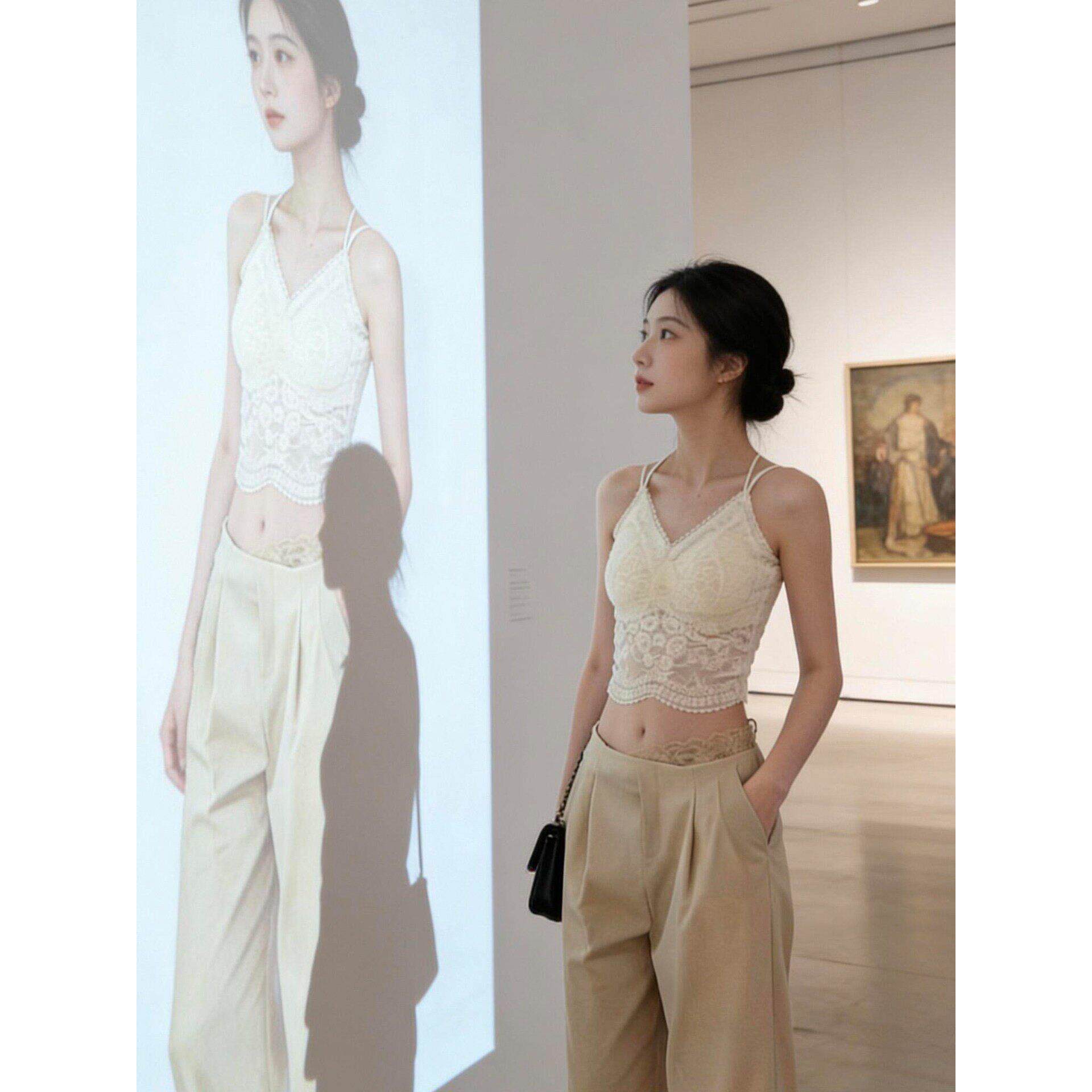 法式蕾丝美背吊带文胸一体背心女打底短款V领美背内衣西装内搭