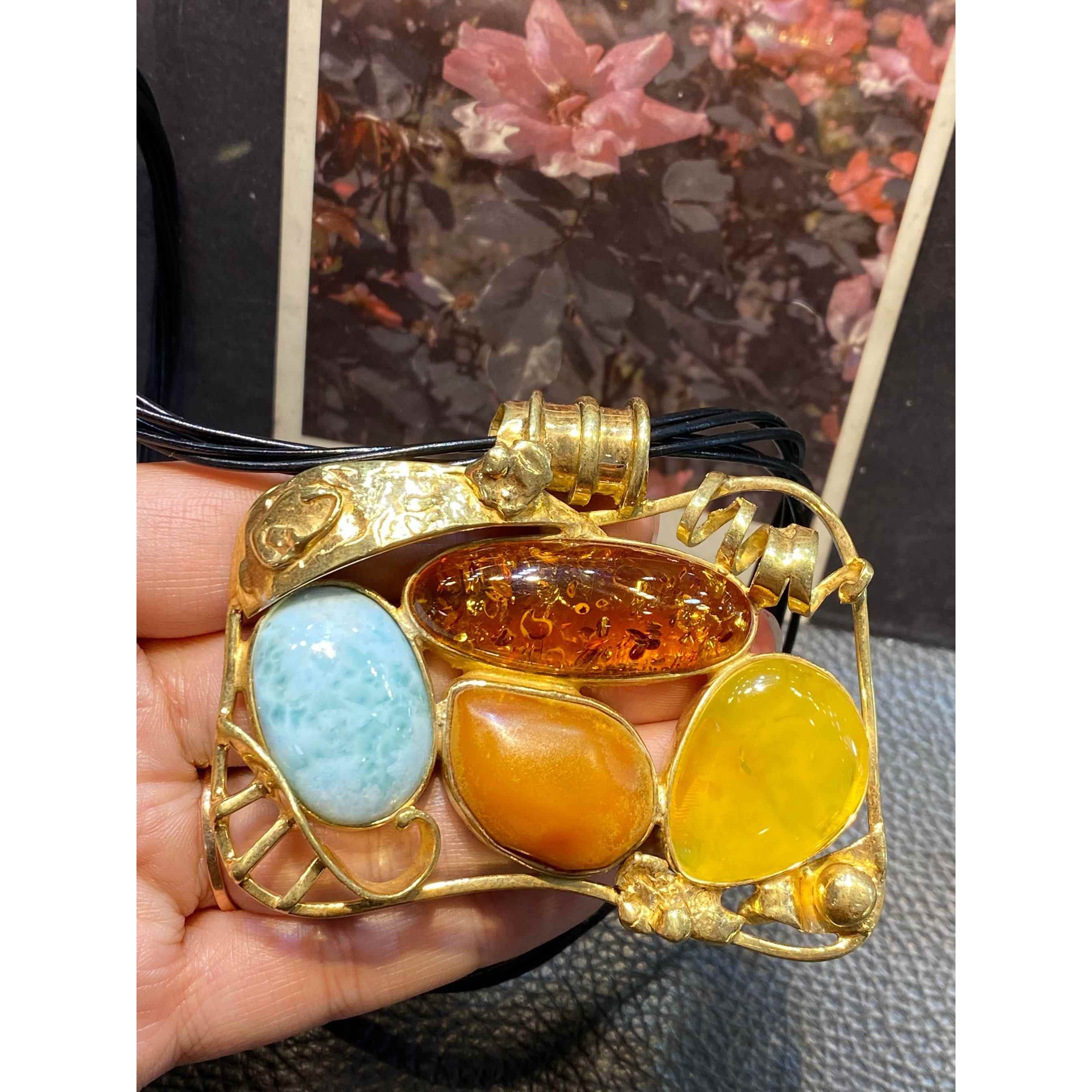 欧美爆款 天然花珀海纹石老蜜蜡多宝吊坠毛衣链 女款欧洲进口保真