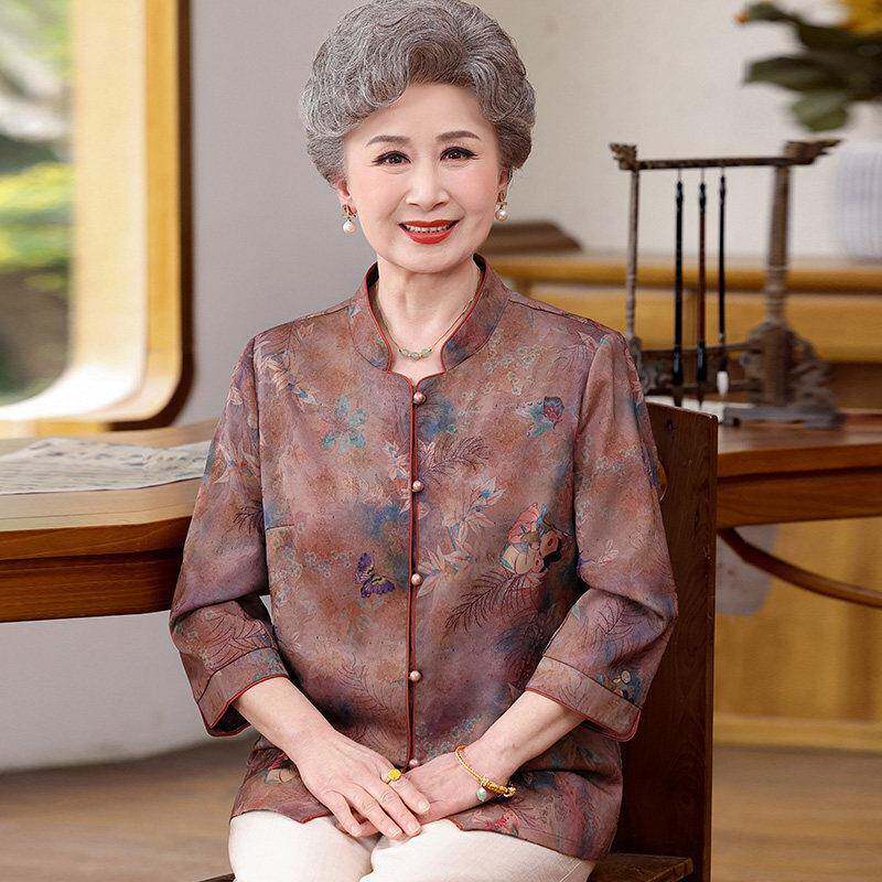 中老年人奶奶衬衫女开衫夏装桑蚕丝100%套装老太太真丝印花上衣薄