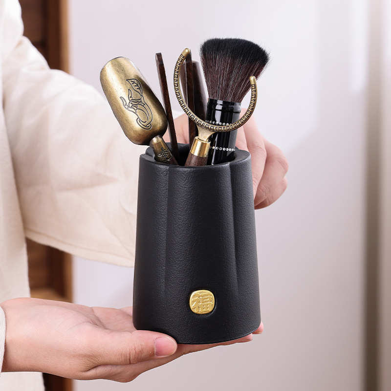 梅开五福创意陶瓷茶道六君子茶夹针茶匙套组功夫茶具金属配件茶筒