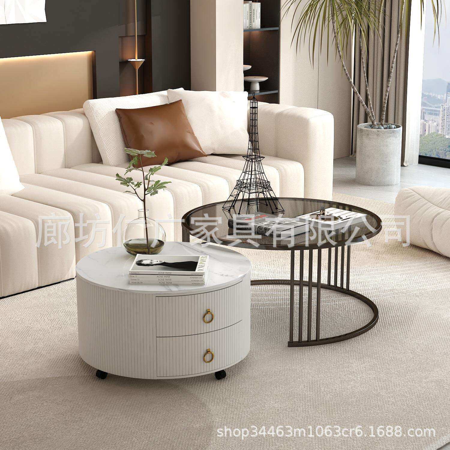 岩板茶几客厅家用高级感圆形钢化玻璃轻奢茶几储物套装简约小户型