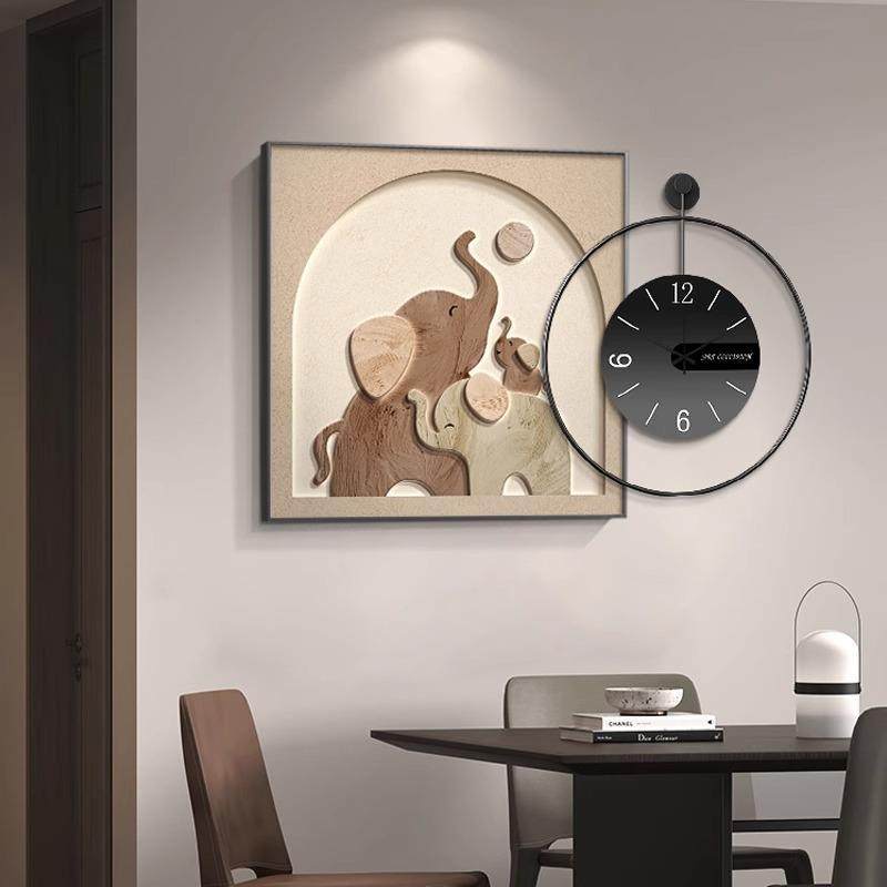 大象餐厅装饰画简约钟表挂钟组合画高级感客厅挂画北欧风饭厅壁画