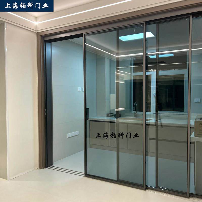 上海极窄边框玻璃拉门厨房阳台化妆室三联动吊地轨拉门开 门定制