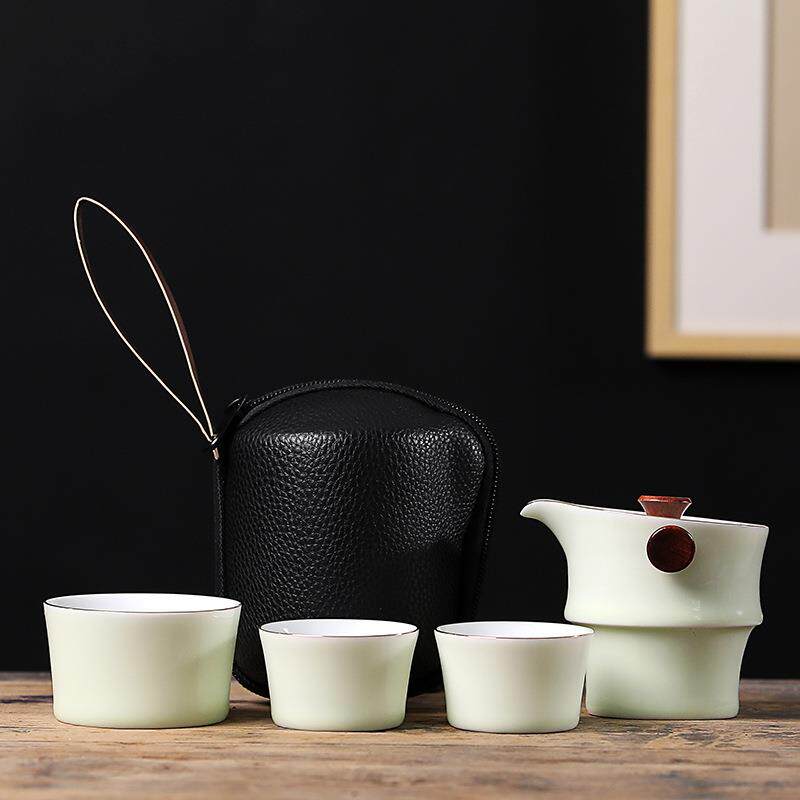 快客杯一壶三杯便携收纳办公主人杯户外茶具霁蓝描金陶瓷旅行茶具