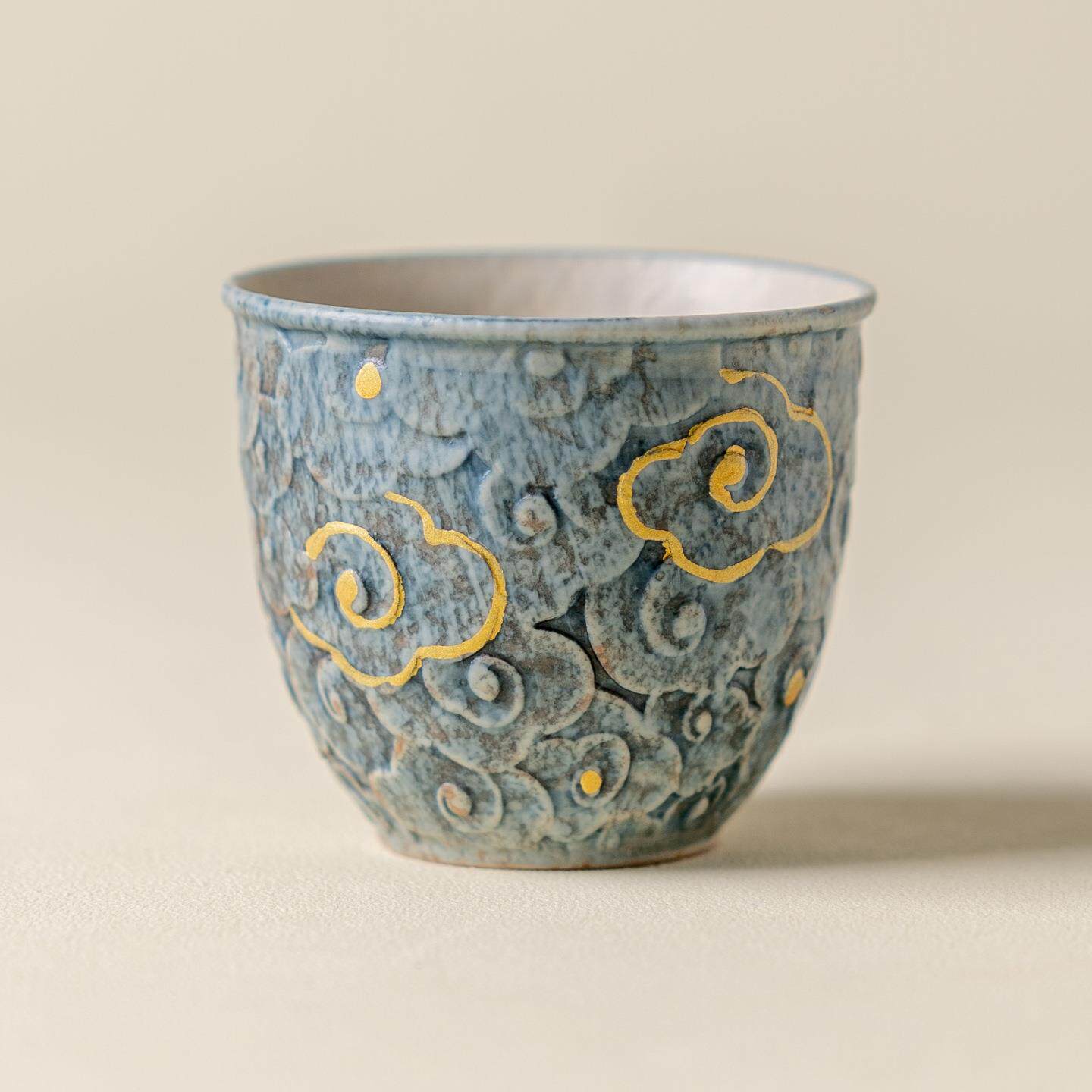 粗陶描金祥云茶杯陶瓷主人复古手握品茗杯梅花新中式釉蓝编钟杯