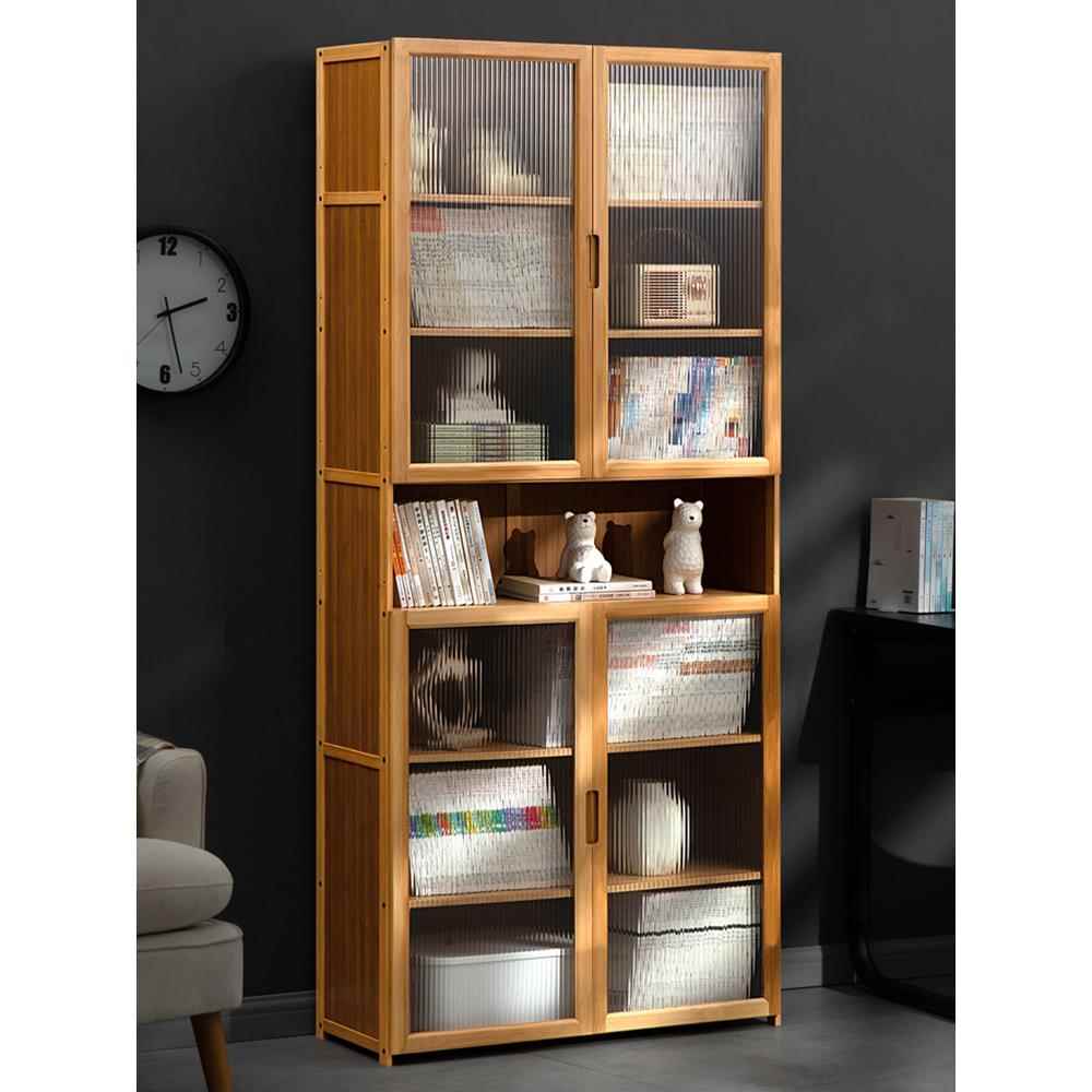 W7书组柜现LMM代简带门防尘柜格子柜约实木书架窄柜置物落地合立