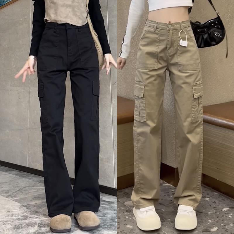 窄版美式工装裤女春秋欧货卡其色裤子高腰梨形身材遮胯休闲运动裤