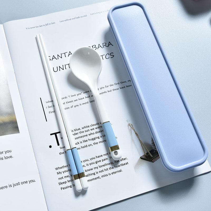 创意可携式筷子勺子套装陶瓷餐具三件套学生上班族收纳盒可爱好看