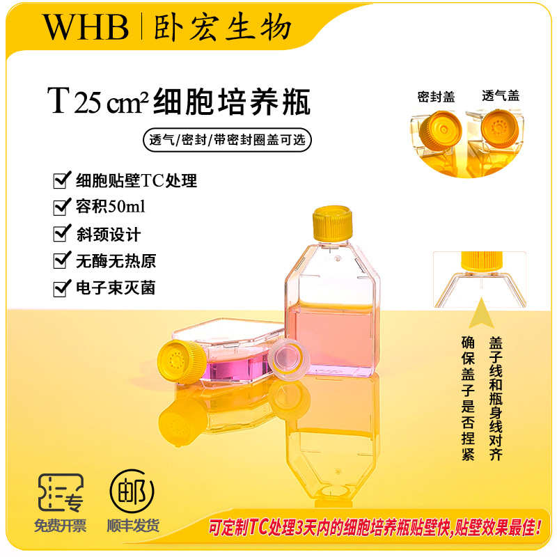 厂家WHB细胞培养瓶T25T75T150T300斜口透明瓶密封盖透气盖实验室