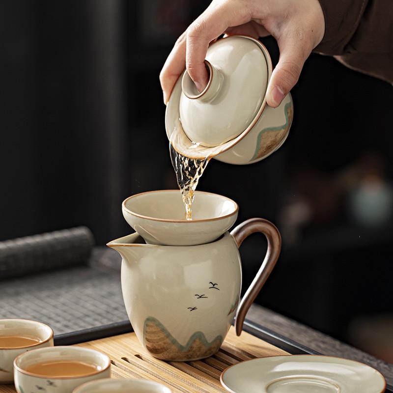 米黄汝窑功夫茶具套装家用轻奢茶壶盖碗泡茶办公陶瓷茶杯茶杯整套