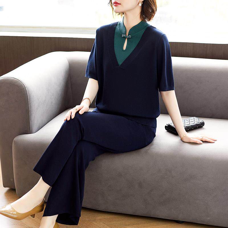 新中式妈妈夏装短袖真丝小衫套装中老年女针织阔腿裤桑蚕丝两件套