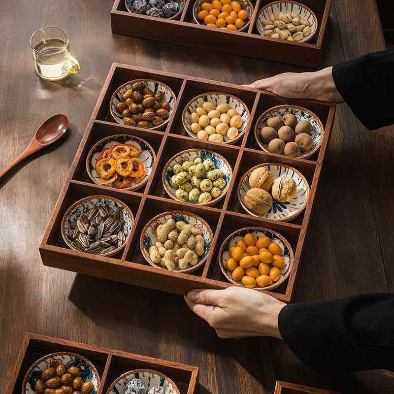 围炉煮茶点心盘新款中式九宫格托盘家用实木茶点盘火锅分格干果盘,餐饮具,果盆/果盘/果篮,淘宝优惠券,粉丝福利购,淘宝优惠卷