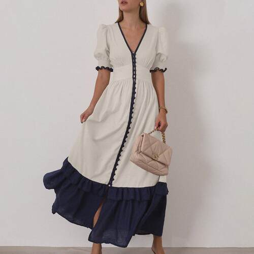 Linen cardigan dress with ruffled sleeves, waist cinched