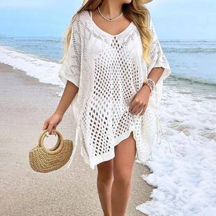 【Plus Size】Solid Batwing Sleeve Dress, Casual V Neck Side