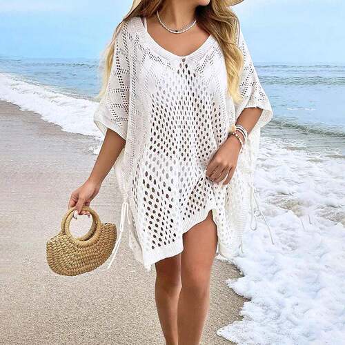 【Plus Size】Solid Batwing Sleeve Dress, Casual V Neck Side