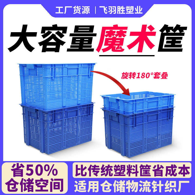 1米长加厚塑料箩筐服装纺织厂仓储物流用755筐带铁耳错位堆叠