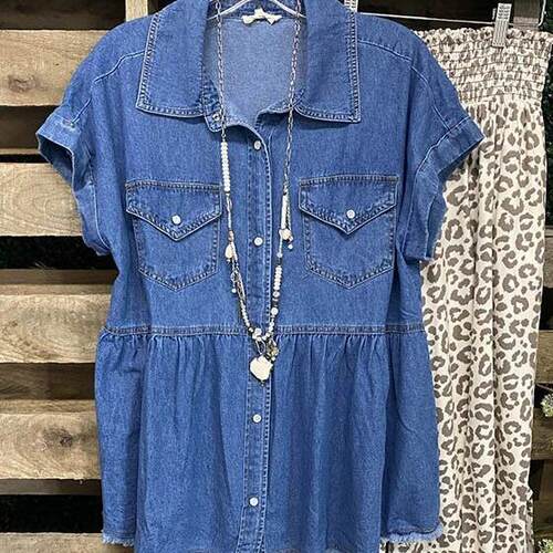 Women's top denim collar pleated denim shirt