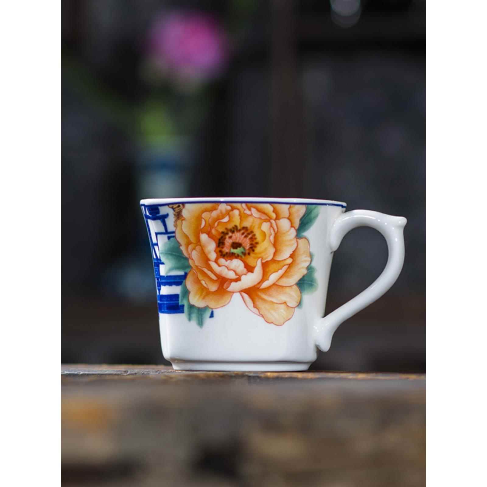 陶瓷茶杯带手柄主人杯中号品茗杯正品青花瓷釉下彩景德镇中式高端