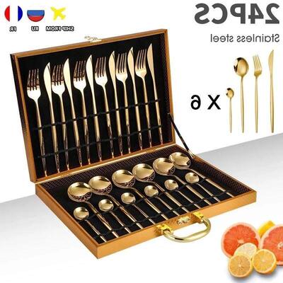 24PCS Cutlery Set Stainless Knife Fork Spoon Flatware Tablew