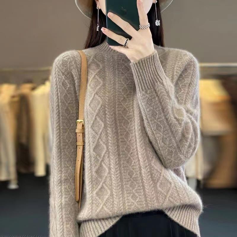 半高领菱形麻花内搭针织衫女秋冬新款软糯时尚洋气纯色套头毛衣厚