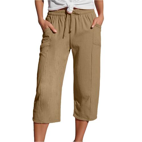 Women's cotton and linen elastic waist pocket cropped pants