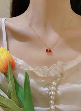 ins潮时尚气质冷淡风网红红色樱桃项链女简约百搭复古锁骨链时尚