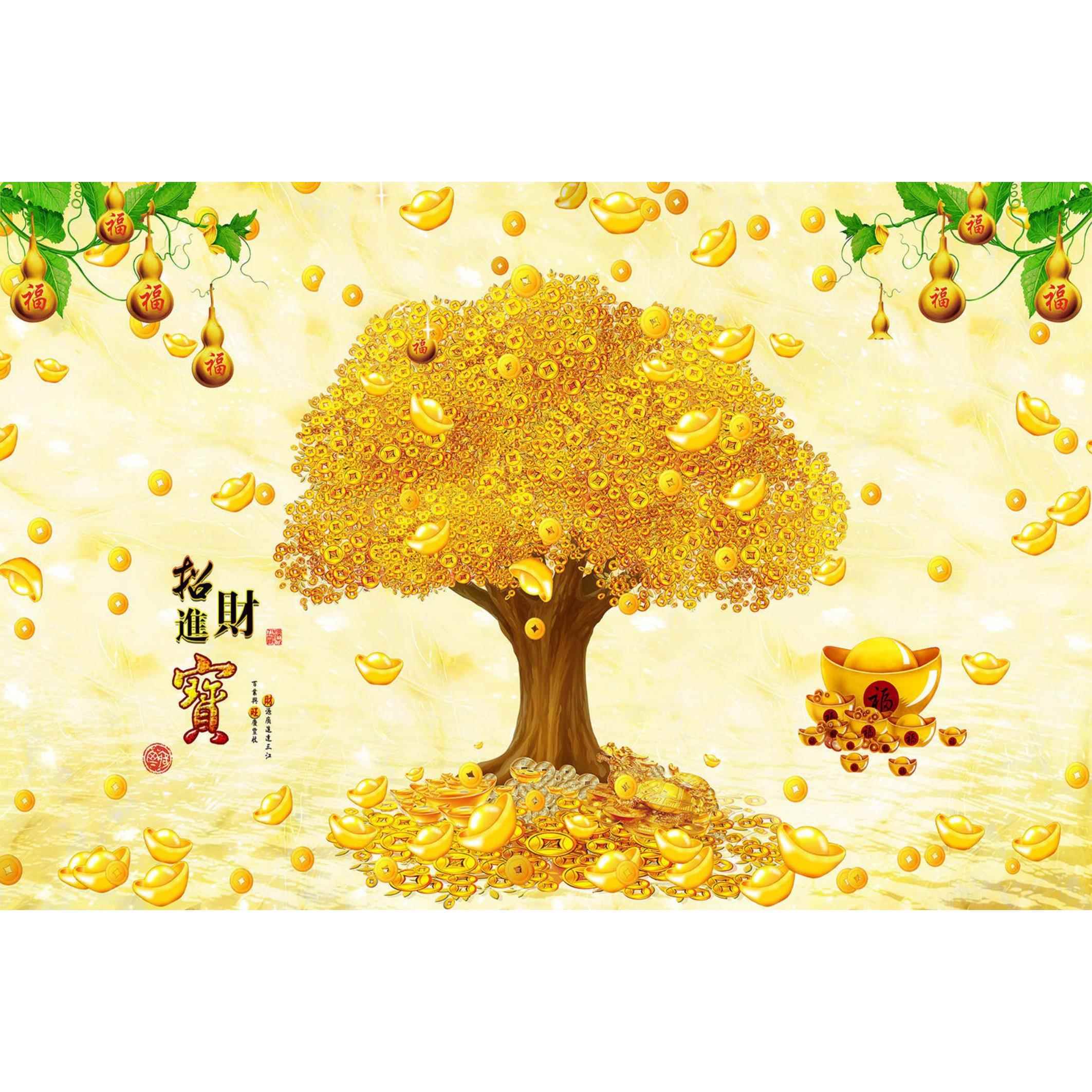 发财树装饰画自粘绿色客厅黄金大道入户玄关电表箱抽象聚宝盆贴画图片
