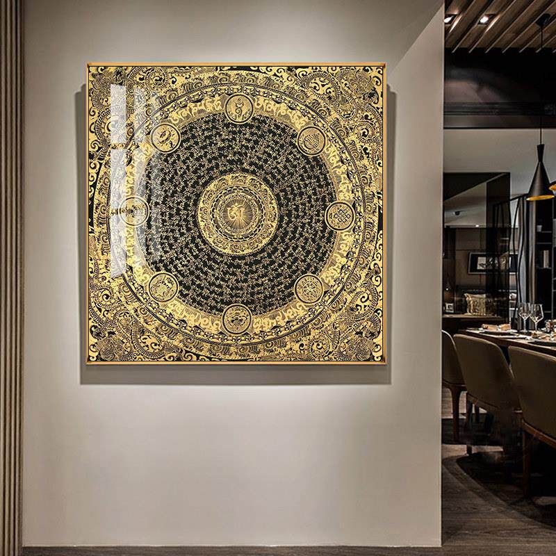 黑金唐卡挂画六字咒心经入口壁画曼荼罗佛堂咒轮藏黄财神装饰画