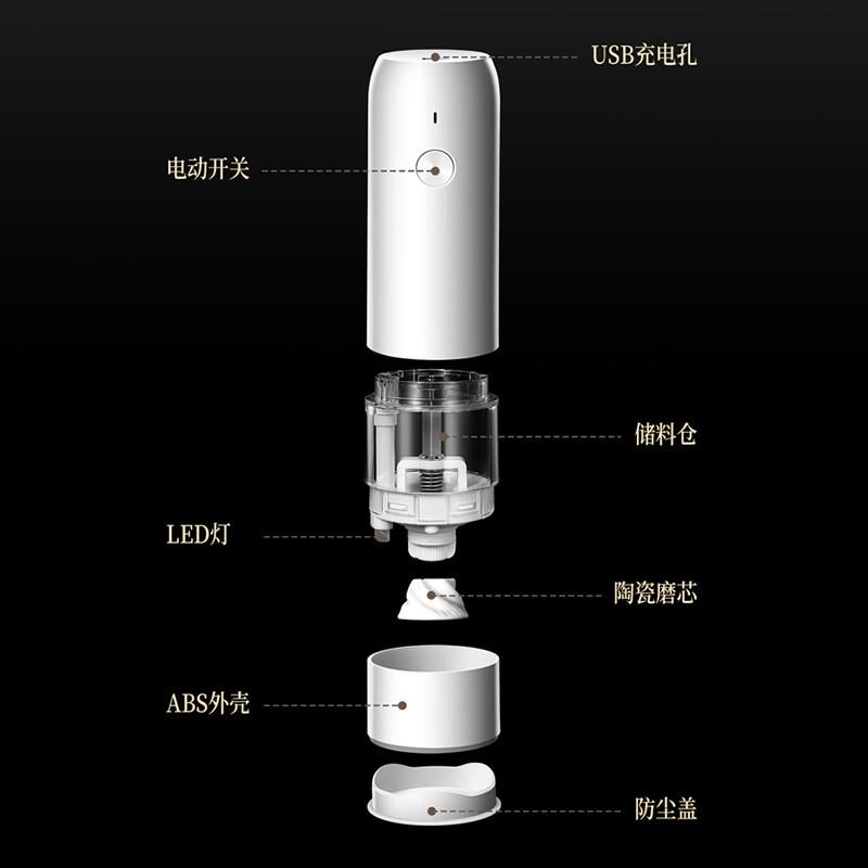 6档可调粗细电动研磨器充电式胡椒研磨器不锈钢海盐花椒研磨粉机