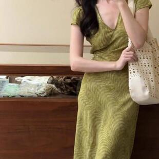 新款 damas绿色碎花洋装 海边度假气质收腰包臀长裙女 rouje 法式