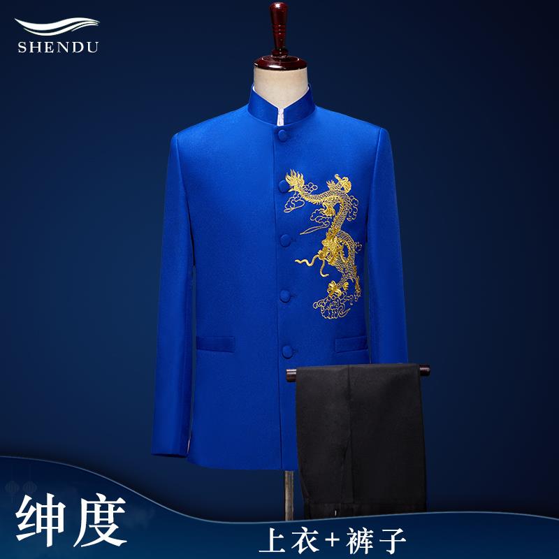 高档刺绣立领中山装中合唱团国出服男士风青年红演歌中老年乐队表